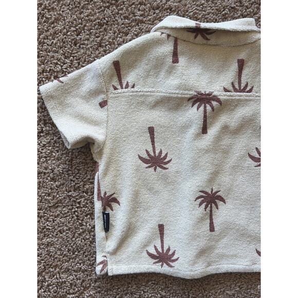 Volcom Beige Brown Tropical Palm Hawaiian Terry Cloth Button Up Shirt Boy 24M - Picture 8 of 12
